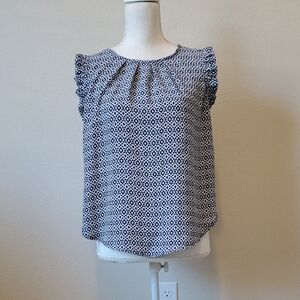Forever 21 Navy and White Geometric Ruffle Sleeve Top